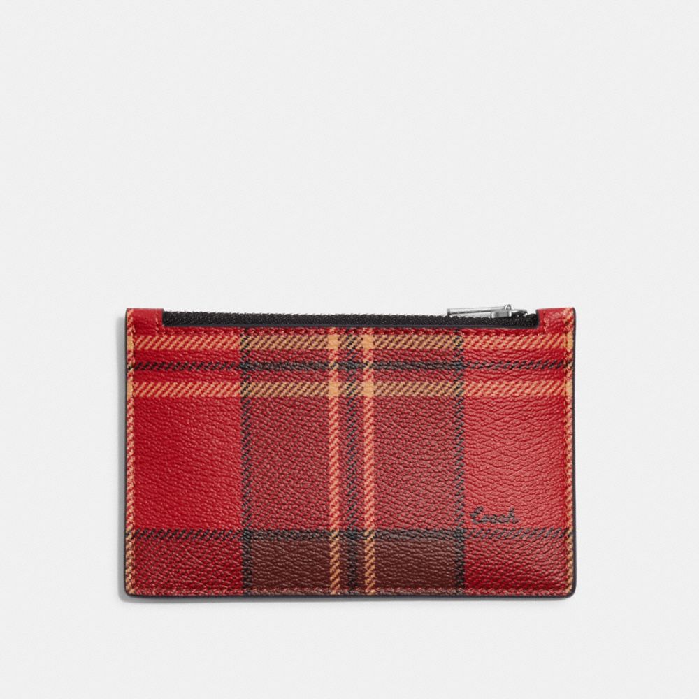 COACH CC080 Zip Card Case With Tartan Plaid Print SV/RED/BLACK MULTI