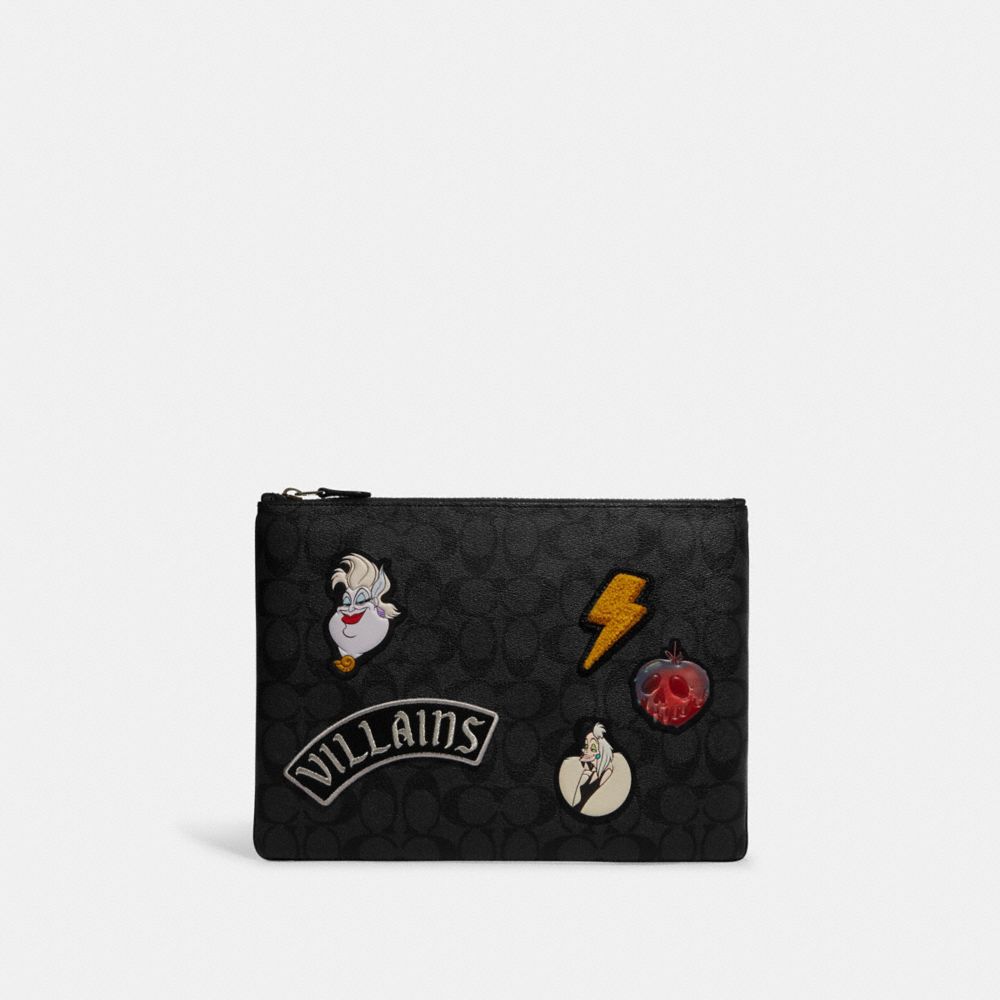 COACH CC093 Disney X Coach Large Pouch In Signature Canvas With Patches Gunmetal/Charcoal/Black Multi