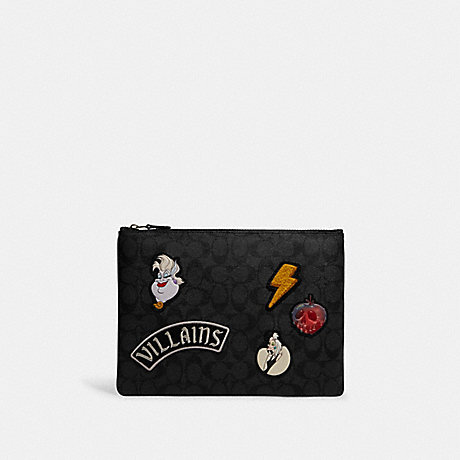 COACH CC093 Disney X Coach Large Pouch In Signature Canvas With Patches Gunmetal/Charcoal/Black-Multi