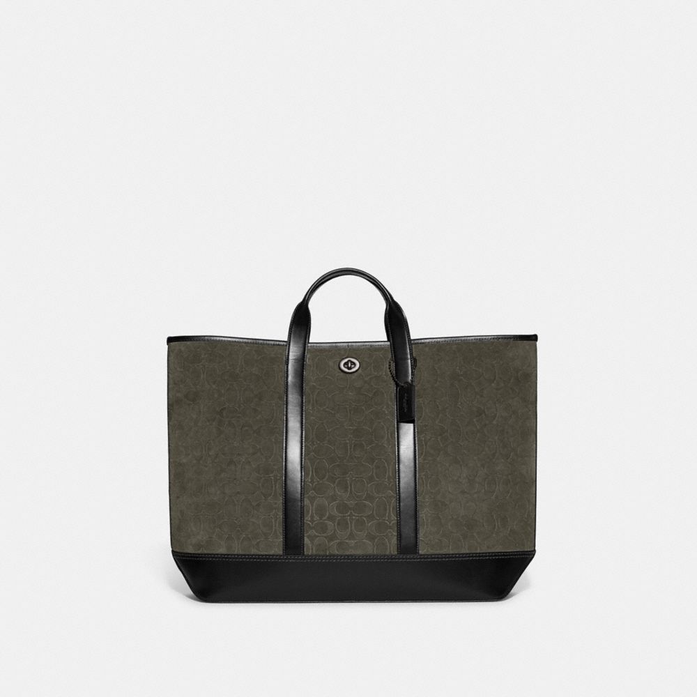 Toby Turnlock Tote In Signature Suede - CC101 - Dark Army/Black