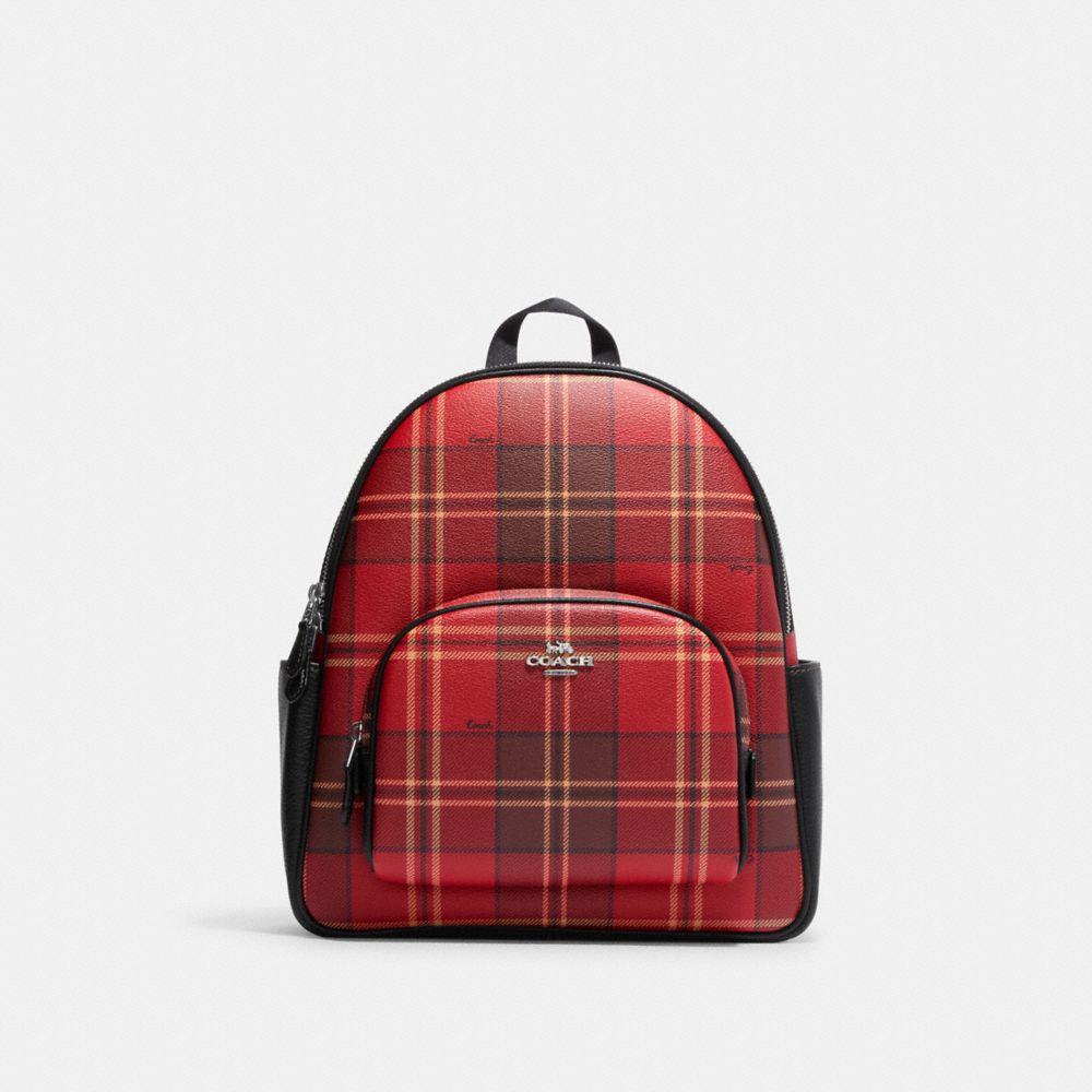 COACH CC145 Court Backpack With Tartan Plaid Print SV/RED/BLACK MULTI