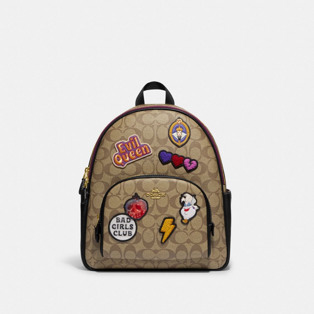 COACH CC148 Disney X Coach Court Backpack In Signature Canvas With Patches Gold/Khaki Multi