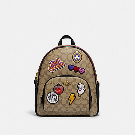 COACH CC148 Disney X Coach Court Backpack In Signature Canvas With Patches Gold/Khaki-Multi