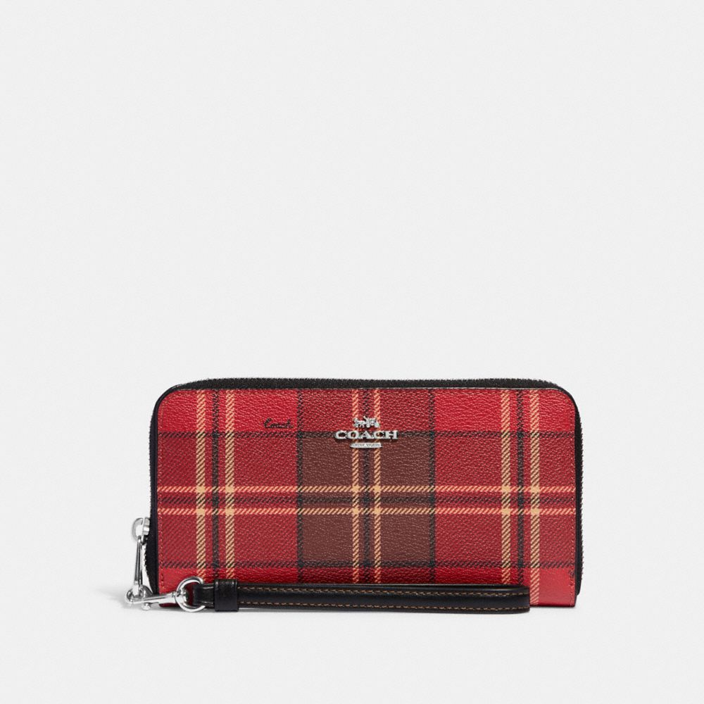 COACH CC335 Long Zip Around Wallet With Tartan Plaid Print SV/RED/BLACK MULTI