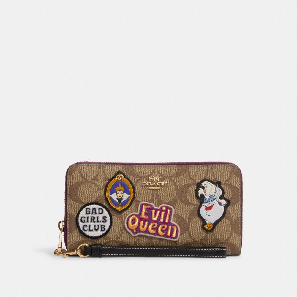 COACH CC336 Disney X Coach Long Zip Around Wallet In Signature Canvas With Patches Gold/Khaki Multi