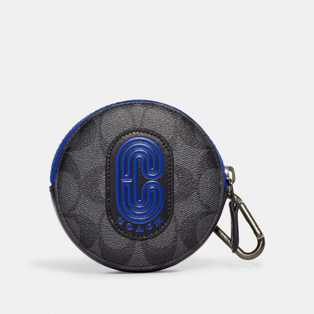 Round Coin Case In Signature Canvas With Coach Patch - CC417 - Gunmetal/Charcoal/Sport Blue Multi