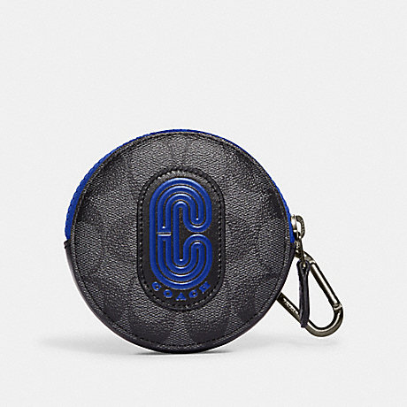 COACH CC417 Round Coin Case In Signature Canvas With Coach Patch Gunmetal/Charcoal/Sport-Blue-Multi
