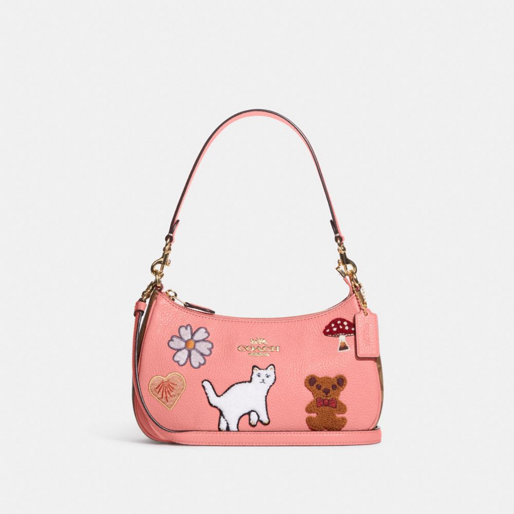 COACH CC420 Teri Shoulder Bag With Creature Patches Gold/Candy Pink Multi