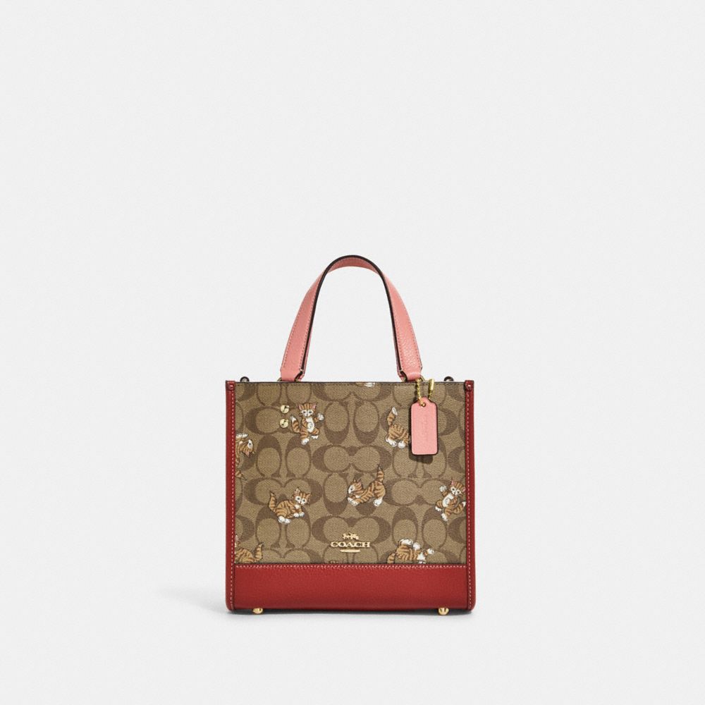 COACH CC424 Dempsey Tote 22 In Signature Canvas With Dancing Kitten Print GOLD/KHAKI MULTI