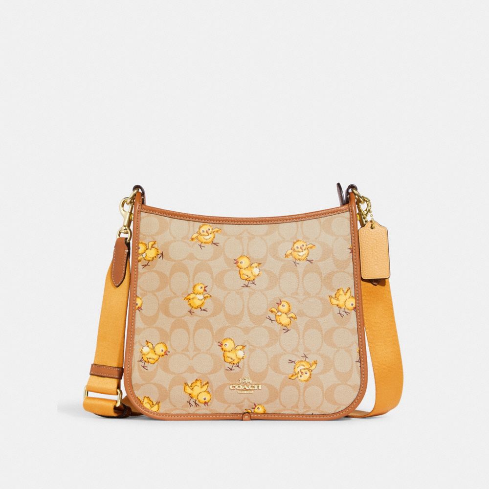 COACH CC426 Dempsey File Bag In Signature Canvas With Tossed Chick Print Gold/Light Khaki Multi