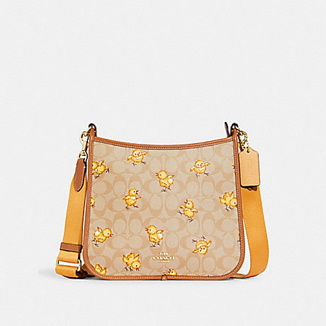 COACH CC426 Dempsey File Bag In Signature Canvas With Tossed Chick Print Gold/Light-Khaki-Multi