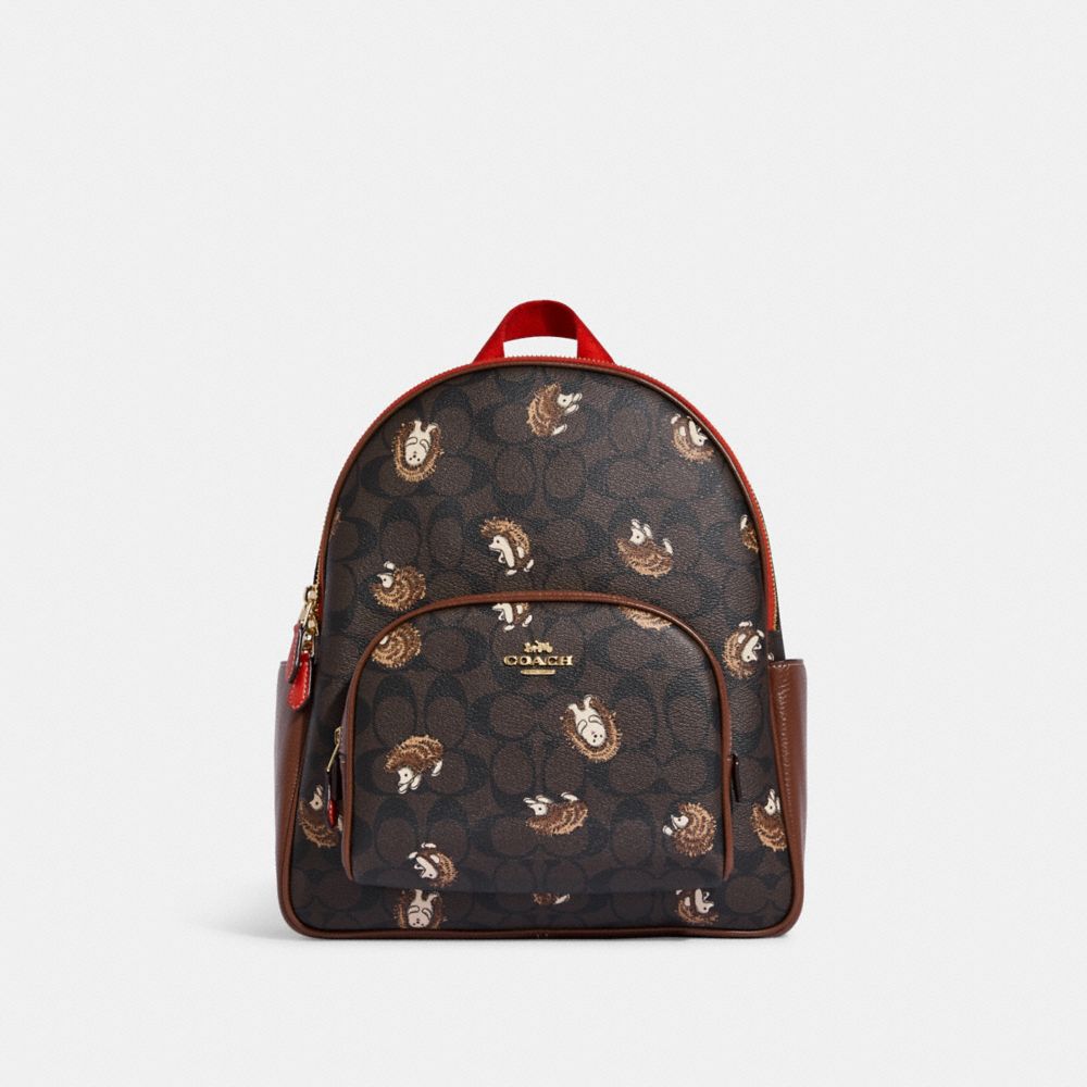 COACH CC429 Court Backpack In Signature Canvas With Hedgehog Print GOLD/BROWN BLACK MULTI