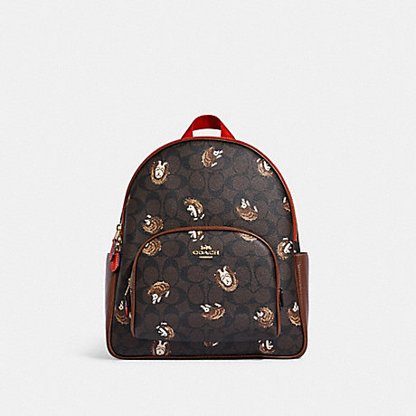 COACH CC429 Court Backpack In Signature Canvas With Hedgehog Print Gold/Brown-Black-Multi