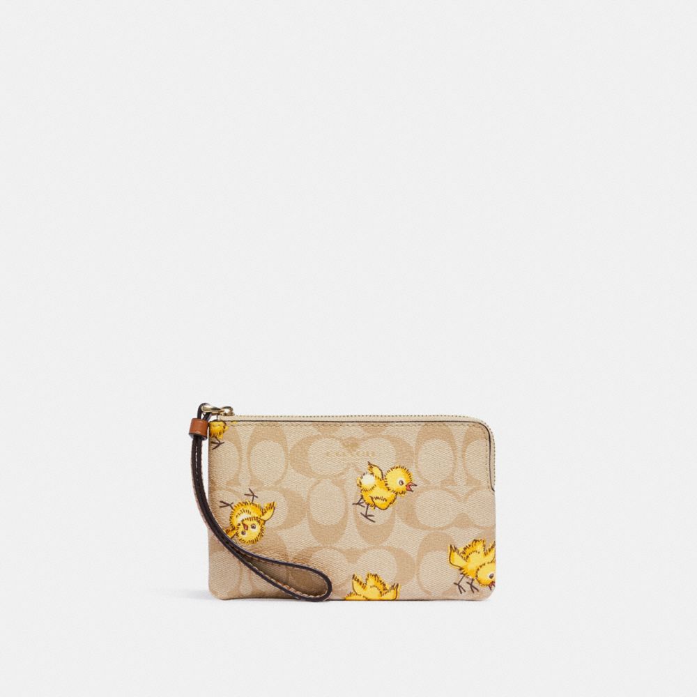 COACH CC432 Corner Zip Wristlet In Signature Canvas With Tossed Chick Print Gold/Light Khaki Multi