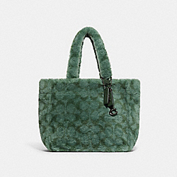 COACH CC442 Tote 28 In Signature Shearling PEWTER/GREEN