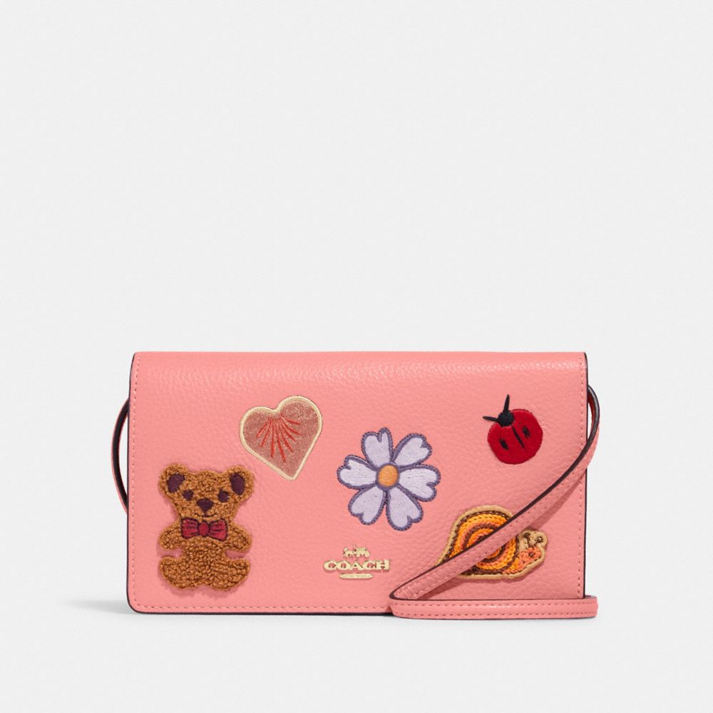 COACH CC469 Anna Foldover Clutch Crossbody With Creature Patches Gold/Candy Pink Multi