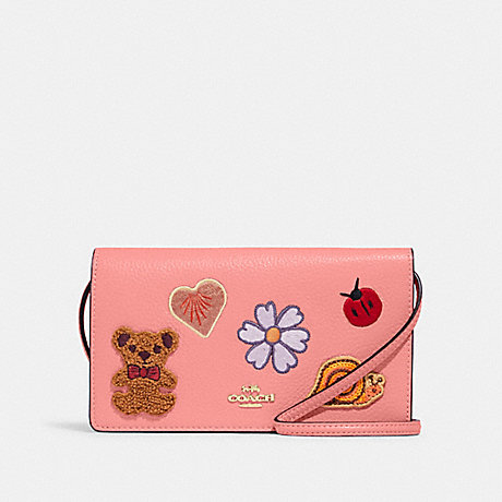 COACH CC469 Anna Foldover Clutch Crossbody With Creature Patches Gold/Candy-Pink-Multi