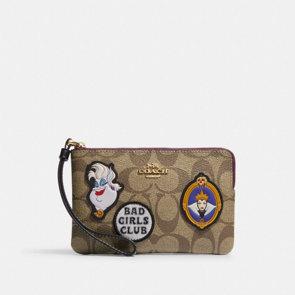 COACH CC470 Disney X Coach Corner Zip Wristlet In Signature Canvas With Patches Gold/Khaki Multi