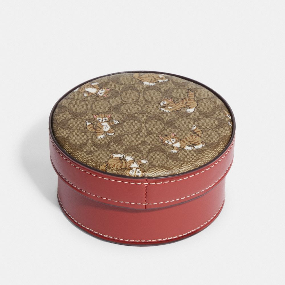 COACH CC471 Trinket Box In Signature Canvas With Dancing Kitten Print GOLD/KHAKI MULTI