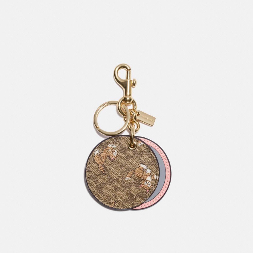 Mirror Bag Charm In Signature Canvas With Dancing Kitten Print - CC476 - Gold/Khaki Multi