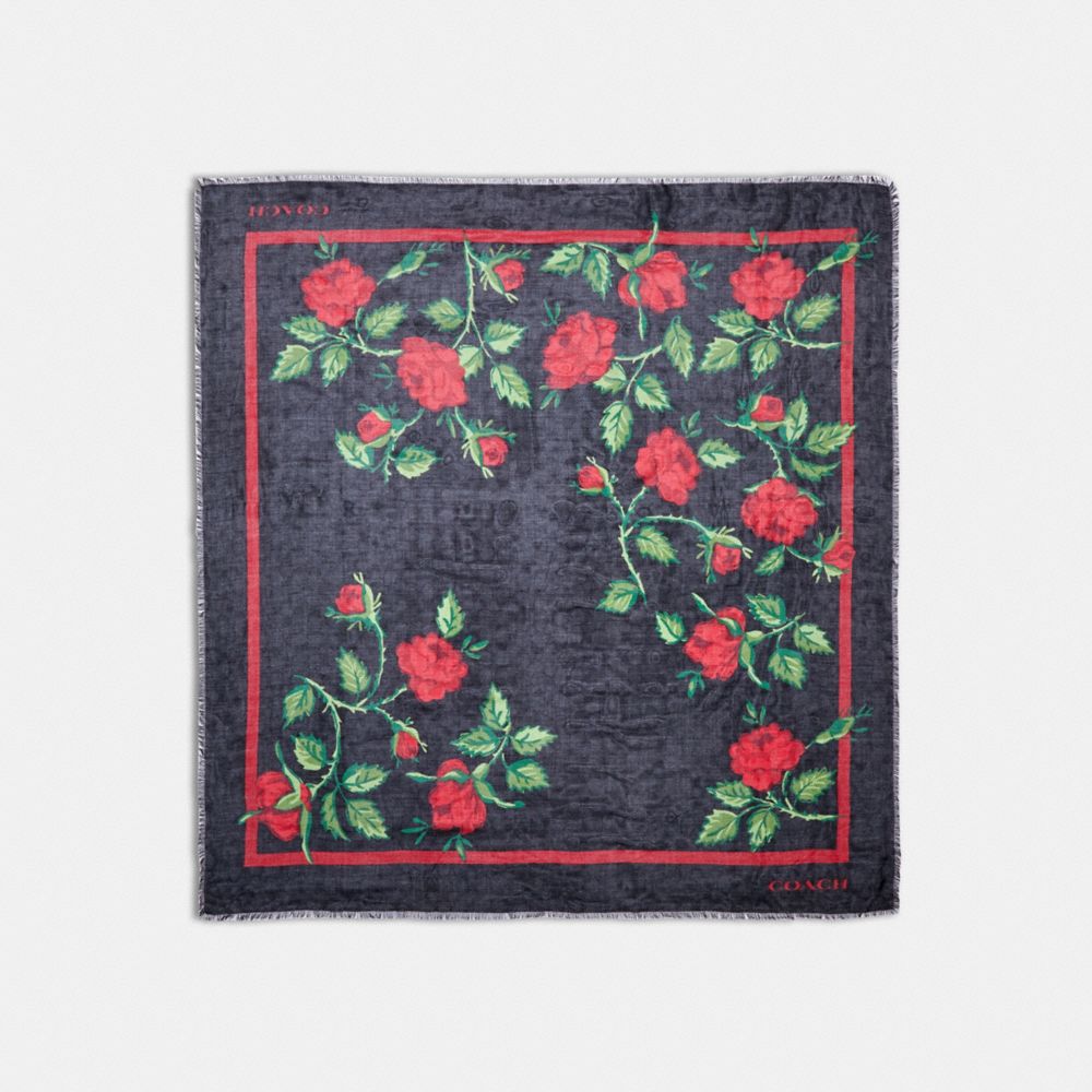 Signature Fairytale Rose Print Oversized Square Scarf - CC576 - GRAPHITE/RED