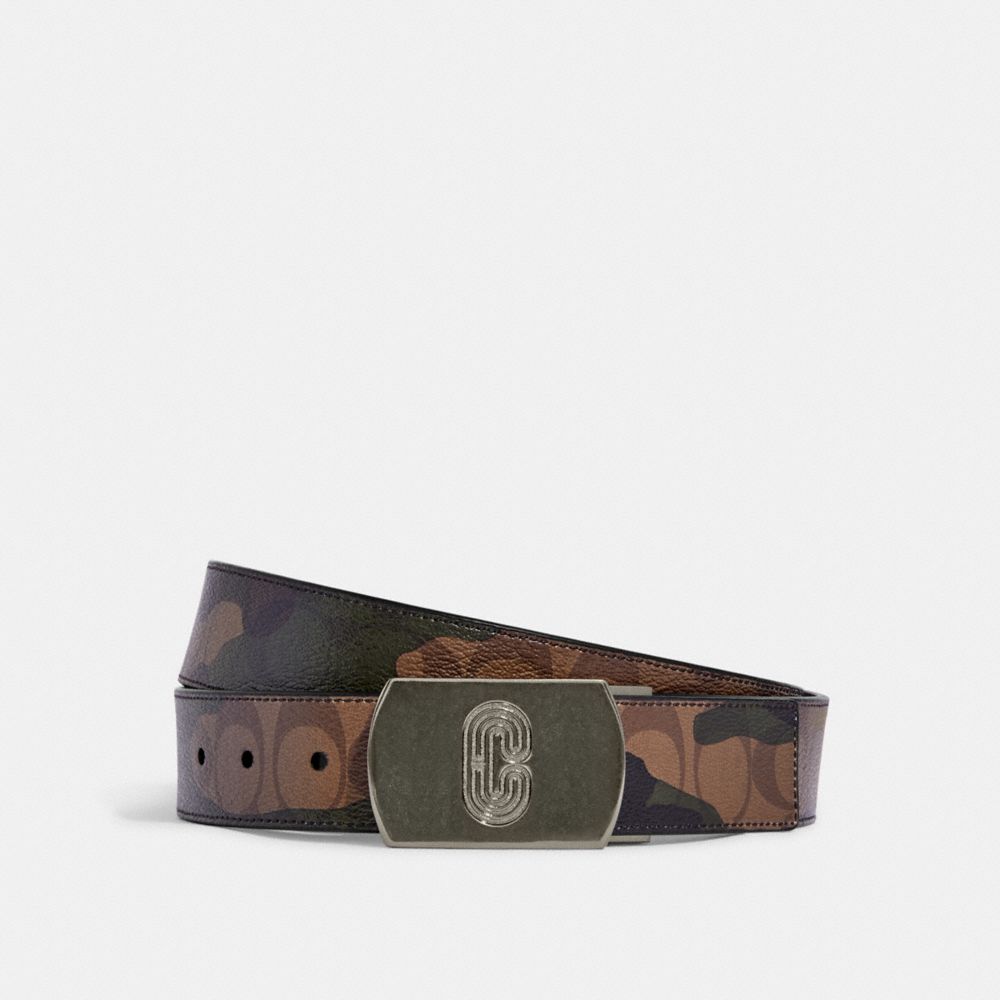 COACH CC579 Plaque Buckle Cut To Size Reversible Belt With Camo Print, 38 Mm GUNMETAL/KHAKI/BLACK