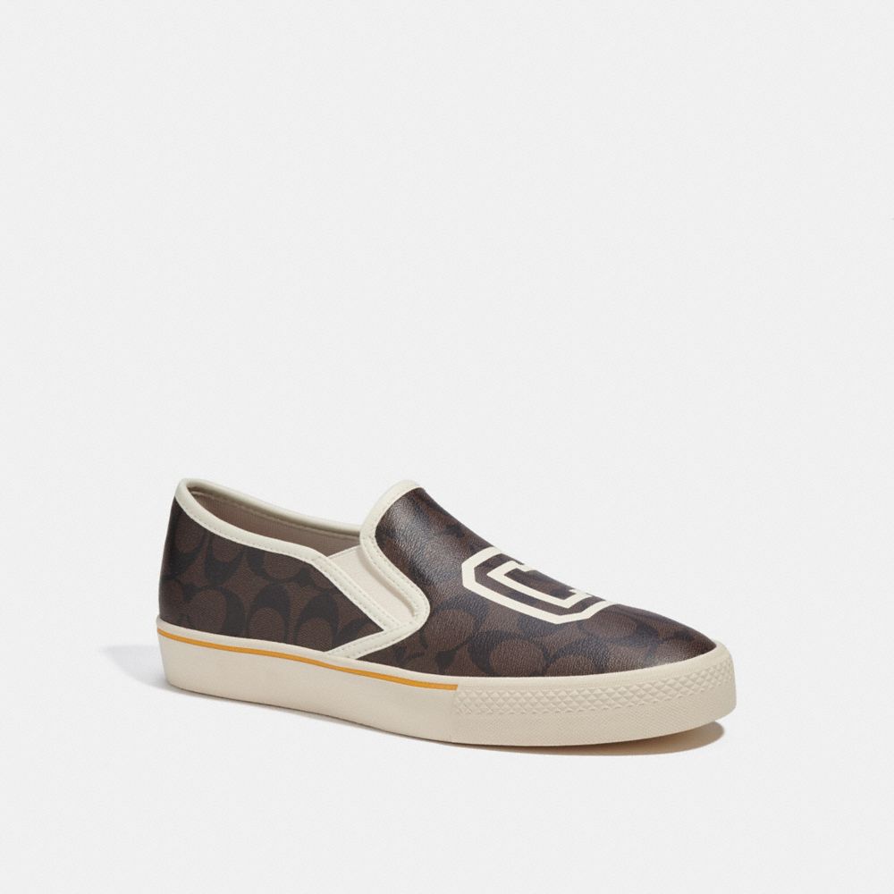 COACH CC742 Slip On Skate Sneaker In Signature Canvas With Varsity Mahogany brown