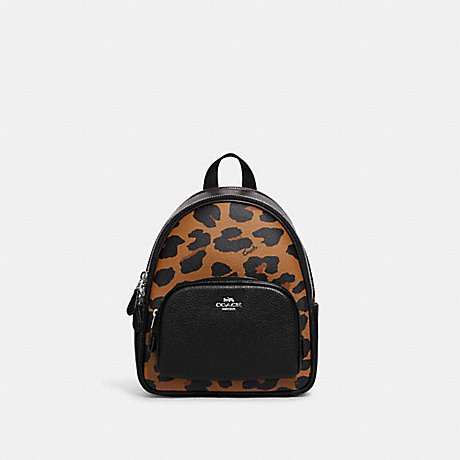 COACH CC757 Mini Court Backpack In Signature Canvas With Leopard Print Silver/Light-Saddle-Multi