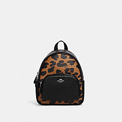 COACH CC757 Mini Court Backpack In Signature Canvas With Leopard Print SILVER/LIGHT SADDLE MULTI