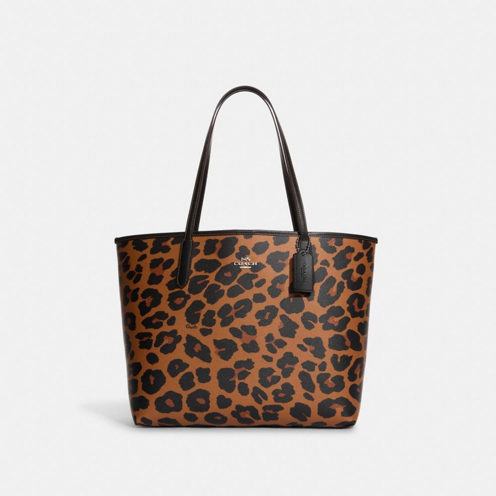 COACH CC760 City Tote With Leopard Print And Signature Canvas Interior SILVER/LIGHT SADDLE MULTI