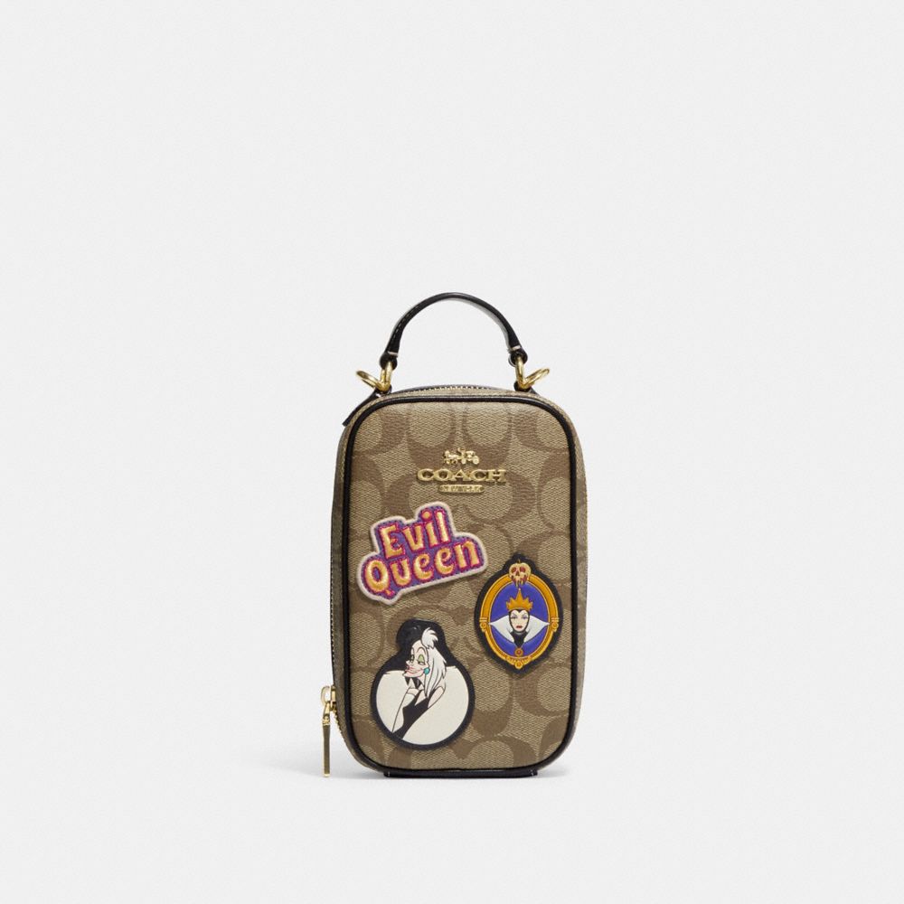 COACH CC761 Disney X Coach Eva Phone Crossbody In Signature Canvas With Patches Gold/Khaki Multi