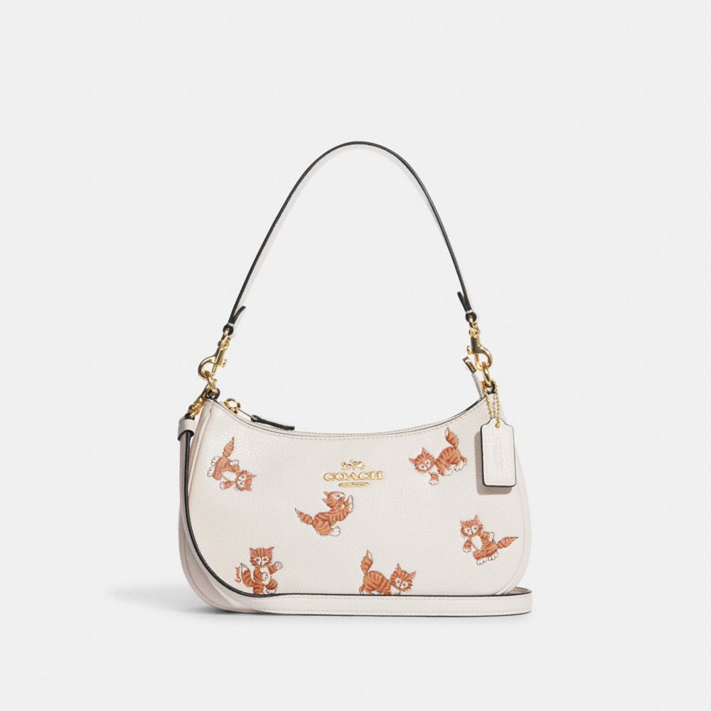 Teri Shoulder Bag With Dancing Kitten Print - CC777 - Gold/Chalk Multi