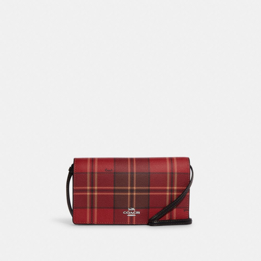 COACH CC801 Anna Foldover Clutch Crossbody With Tartan Plaid Print SV/RED/BLACK MULTI