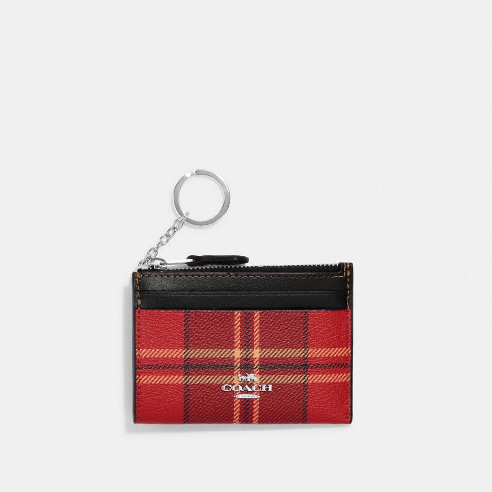 COACH CC808 Mini Skinny Id Case With Tartan Plaid Print SV/RED/BLACK MULTI