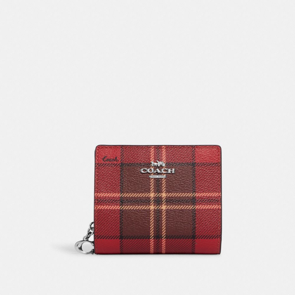 COACH CC810 Snap Wallet With Tartan Plaid Print SV/RED/BLACK MULTI