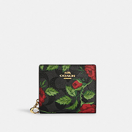 COACH CC858 Snap Wallet In Signature Canvas With Fairytale Rose Print IM/Graphite/Red Multi