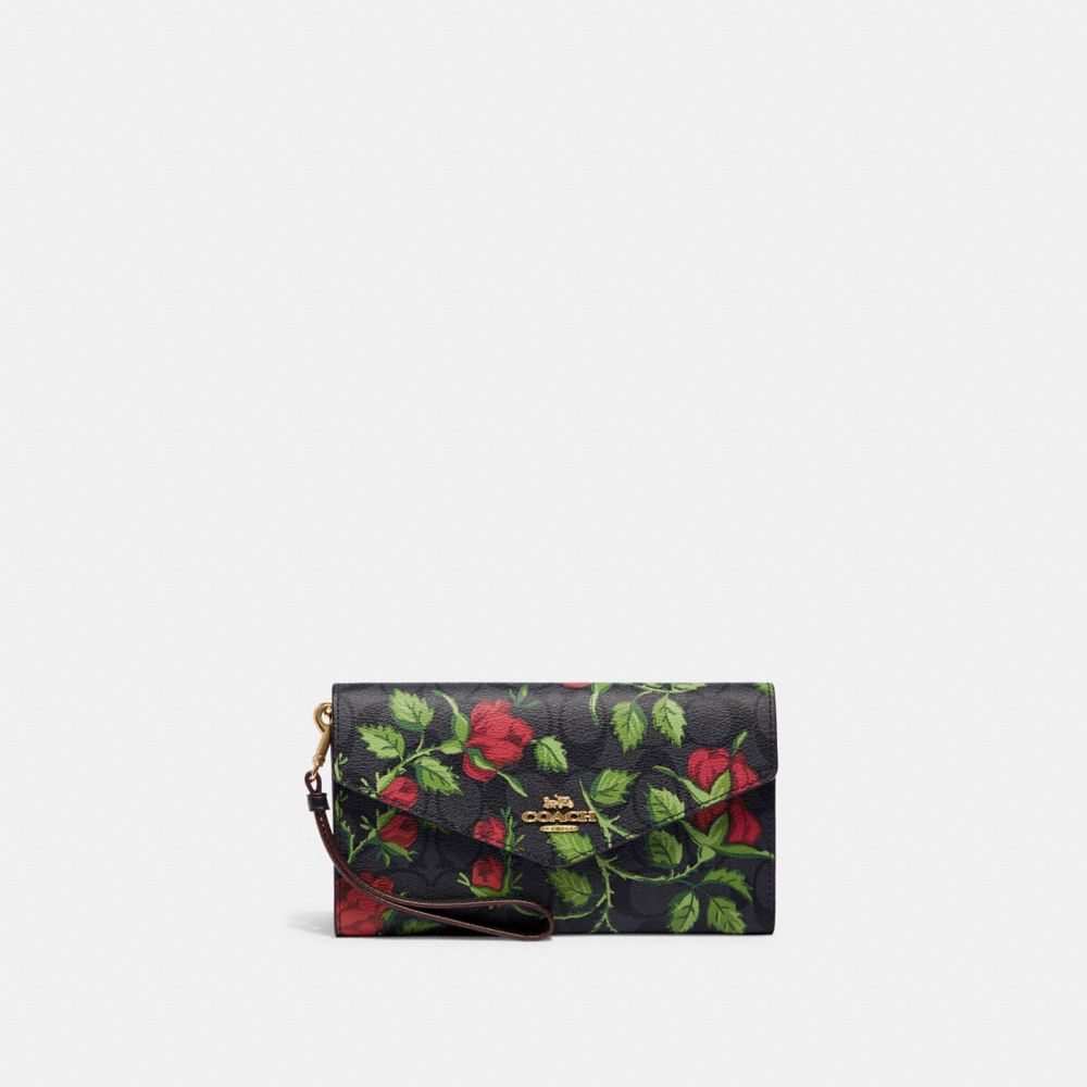 COACH CC860 Travel Envelope Wallet In Signature Canvas With Fairytale Rose Print IM/Graphite/Red Multi