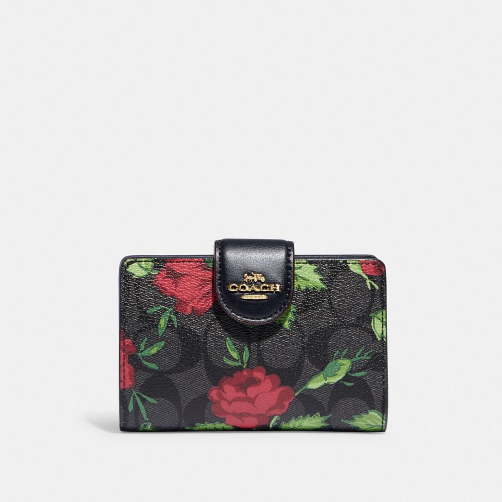 COACH CC861 Medium Corner Zip Wallet In Signature Canvas With Fairytale Rose Print IM/GRAPHITE/RED MULTI