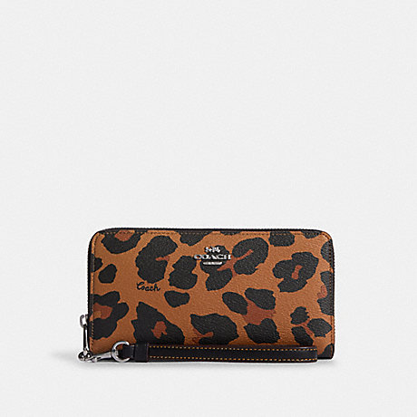 COACH CC865 Long Zip Around Wallet With Leopard Print And Signature Canvas Interior Silver/Light Saddle Multi