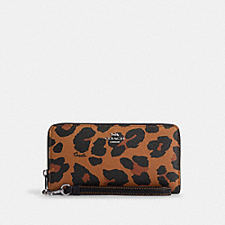 COACH CC865 Long Zip Around Wallet With Leopard Print And Signature Canvas Interior SILVER/LIGHT SADDLE MULTI