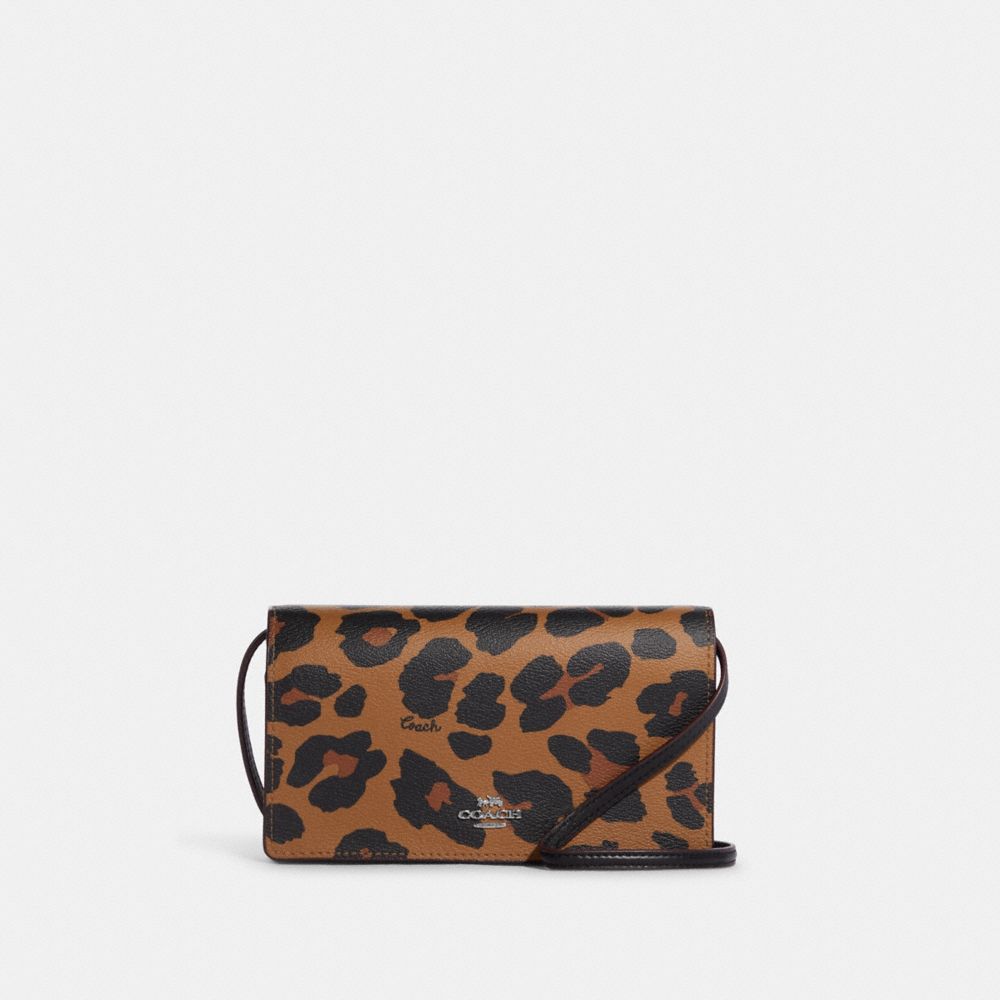 Anna Foldover Clutch Crossbody With Leopard Print And Signature Canvas - CC867 - Silver/Light Saddle Multi