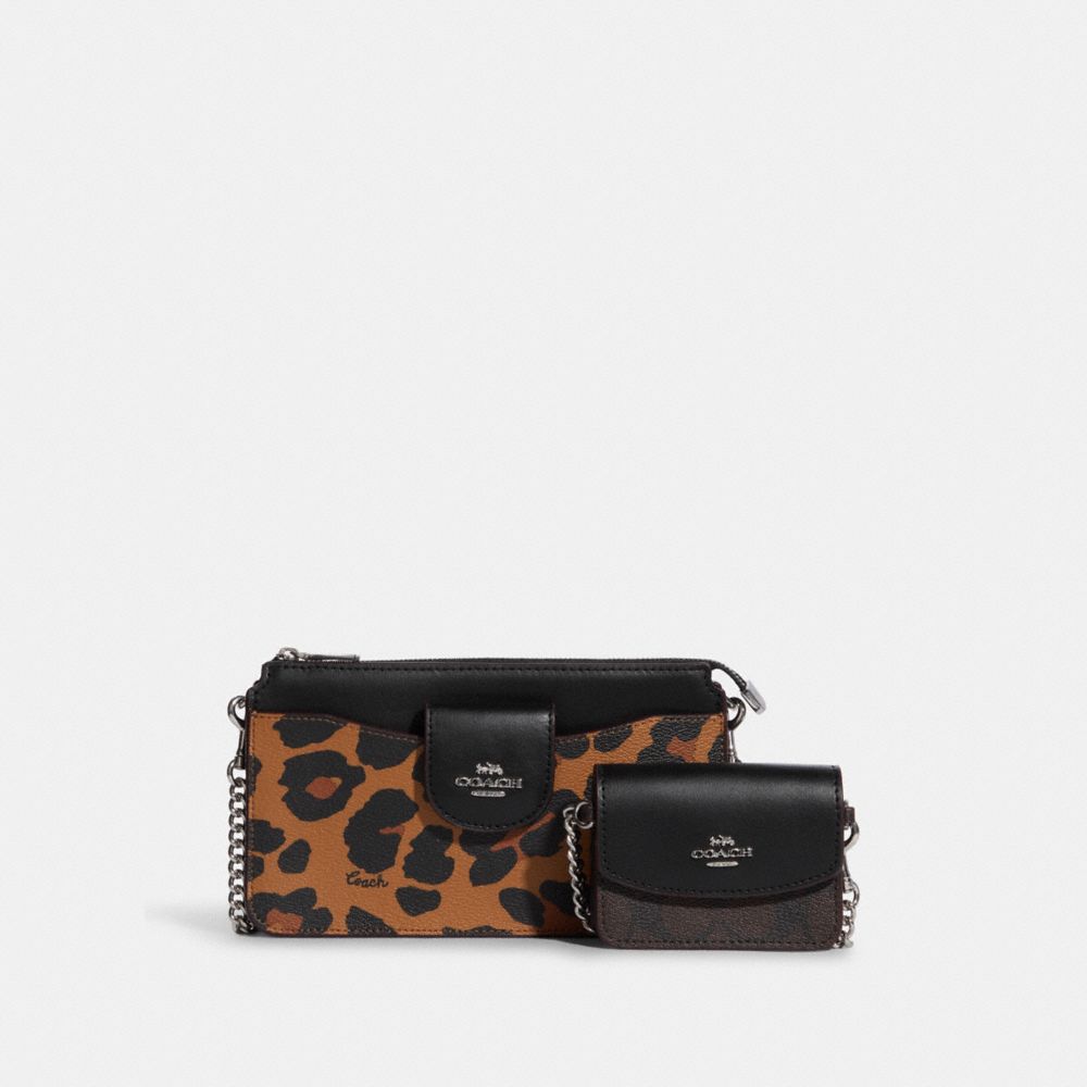 COACH CC868 Poppy Crossbody With Card Case With Leopard Print And Signature Canvas SILVER/LIGHT SADDLE MULTI