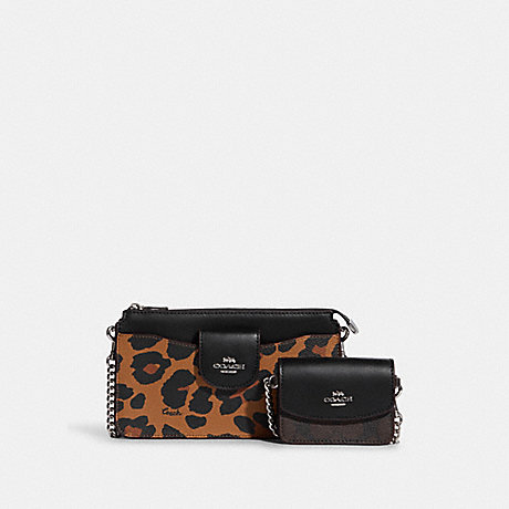 COACH CC868 Poppy Crossbody With Card Case With Leopard Print And Signature Canvas Silver/Light-Saddle-Multi