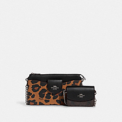 COACH CC868 Poppy Crossbody With Card Case With Leopard Print And Signature Canvas SILVER/LIGHT SADDLE MULTI