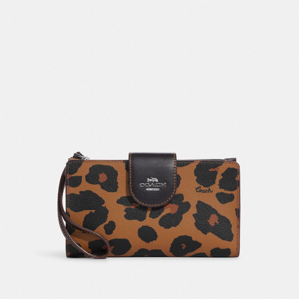 COACH CC869 Tech Wallet With Leopard Print And Signature Canvas Interior SILVER/LIGHT SADDLE MULTI