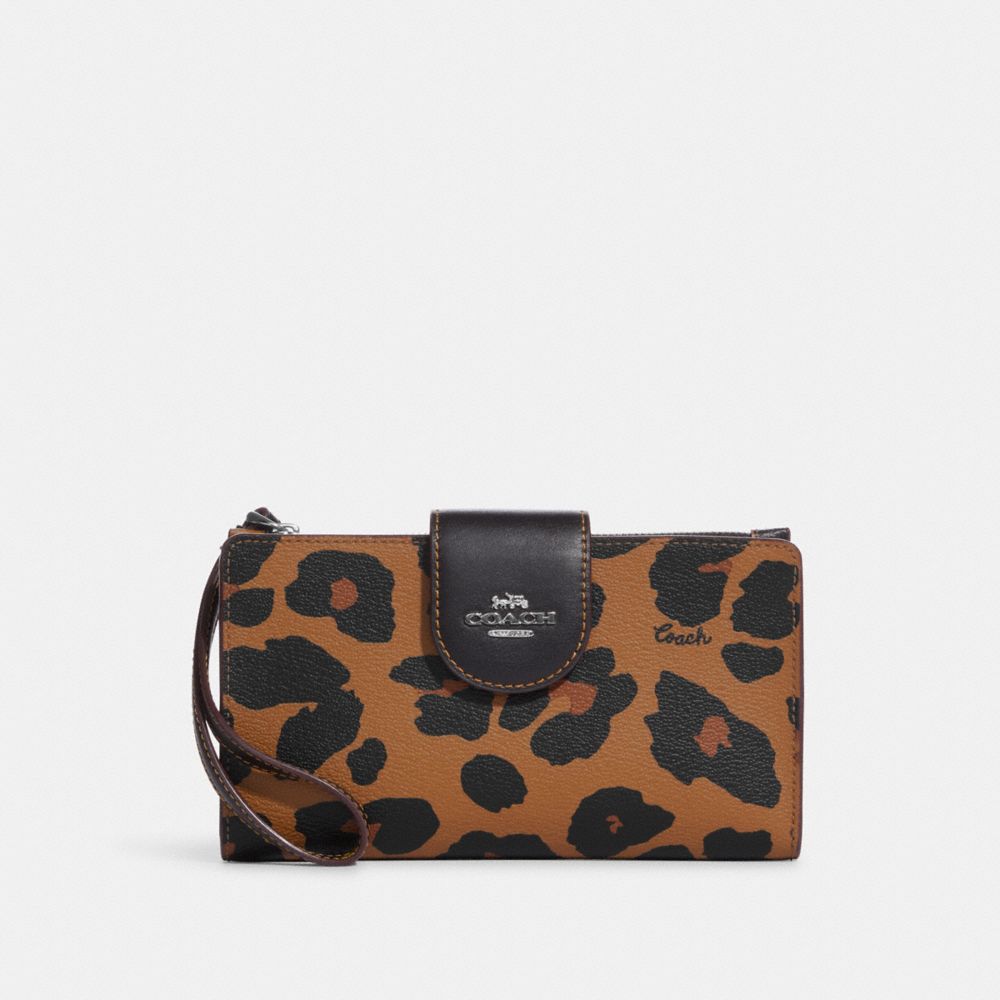 COACH CC869 Tech Wallet With Leopard Print And Signature Canvas Interior Silver/Light Saddle Multi