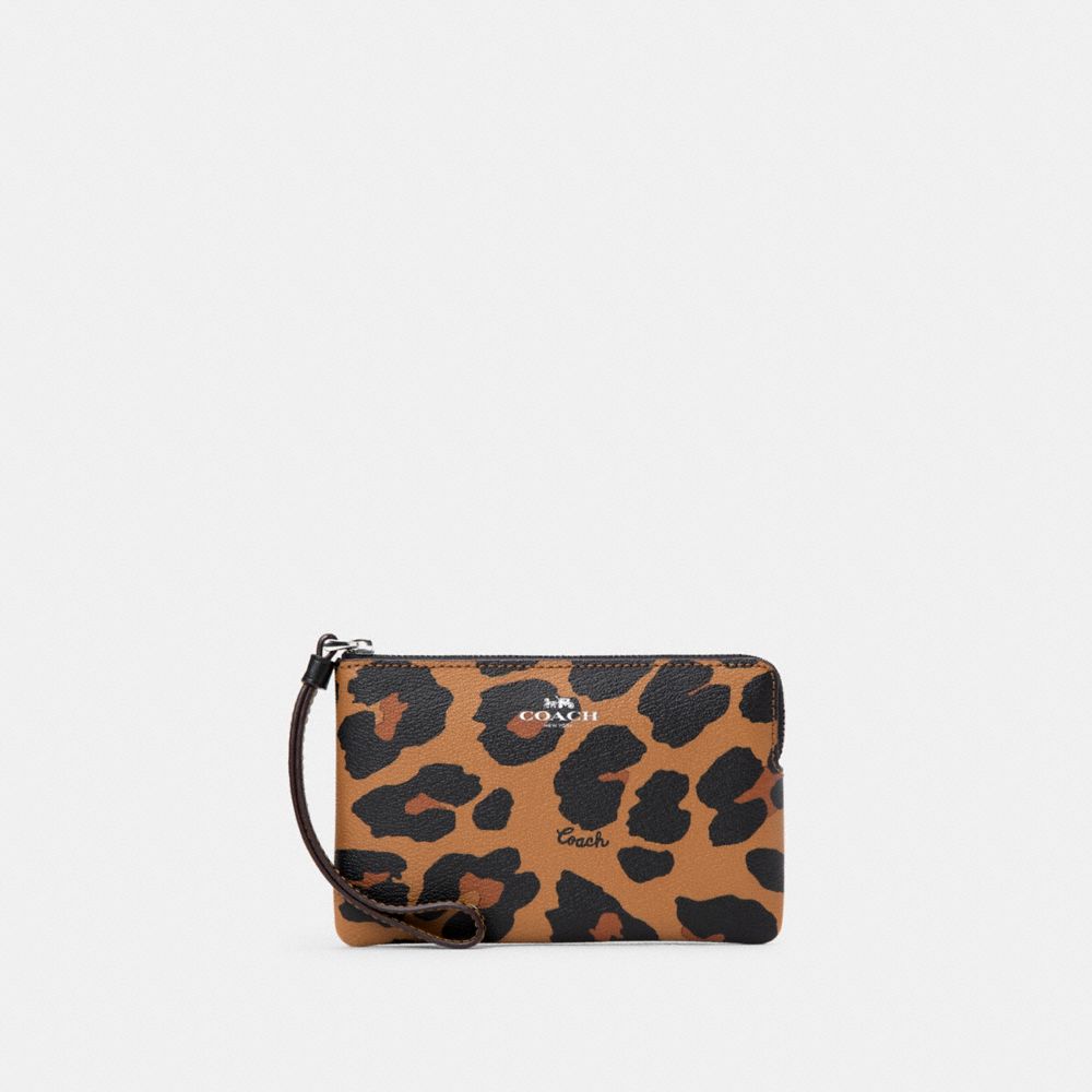 Corner Zip Wristlet With Leopard Print - CC871 - Silver/Light Saddle Multi