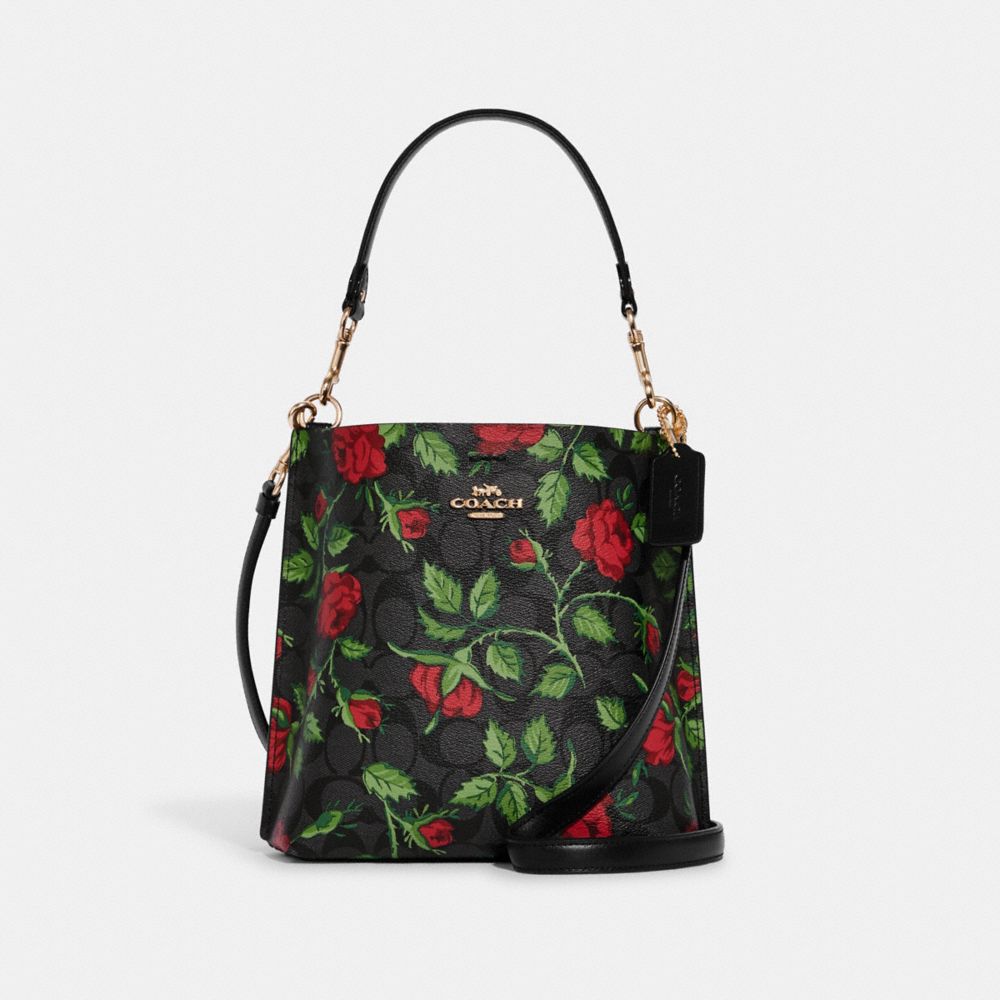 COACH CC876 Mollie Bucket Bag 22 In Signature Canvas With Fairytale Rose Print IM/Graphite/Red Multi