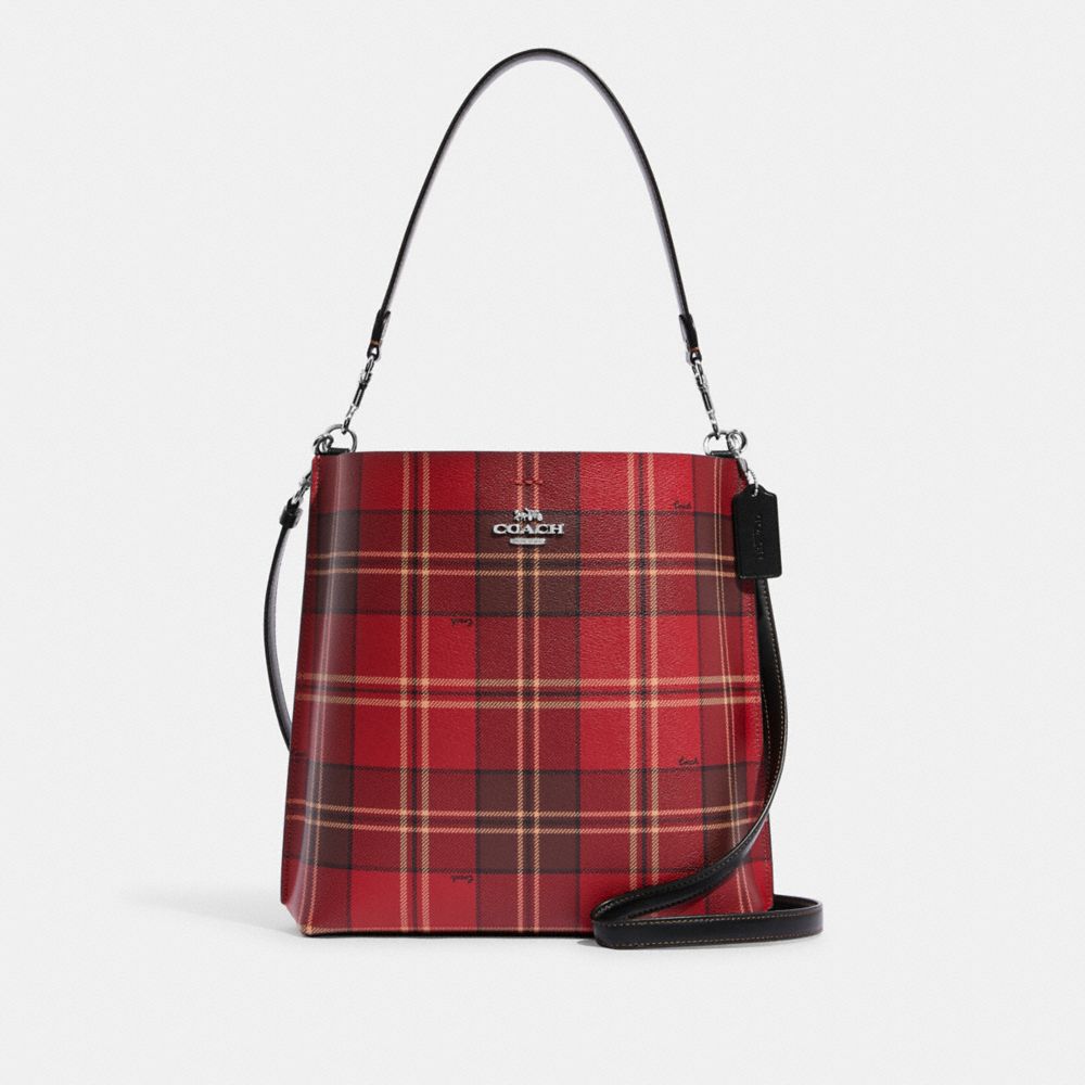 COACH CC877 Mollie Bucket Bag With Tartan Plaid Print SV/Red/Black Multi