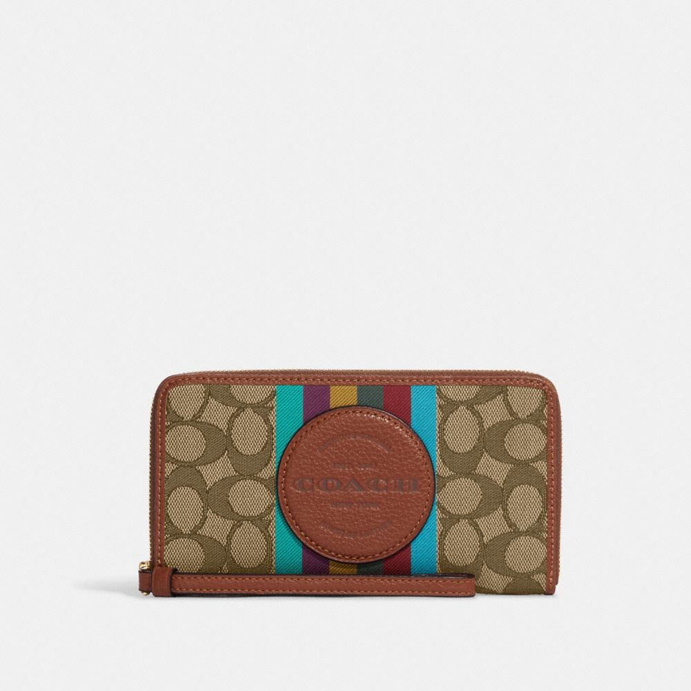 Dempsey Large Phone Wallet In Signature Jacquard With Stripe And Coach Patch - CC890 - Gold/Khaki Multi